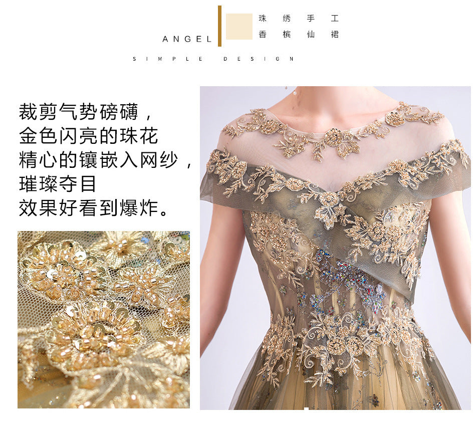 Golden Banquet Evening Dress Stage Show Solo Performance Chorus Host Wedding Dress Evening Dress Princess on the Run