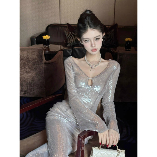 European and American Style Hollow Design Sense Sequins Dress 2024 Spring and Autumn New High Sense Niche Socialite French Sexy