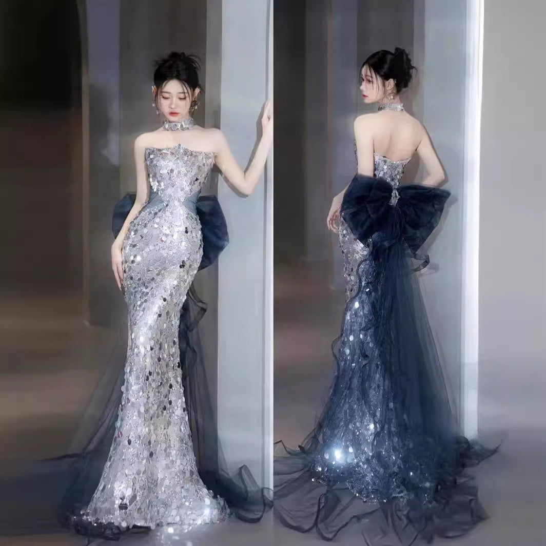 Prom Dress Evening Dresses Elegant Dinner Ball Gown Silver Navy Blue Paillette Tube Top Fishtail Party Skirt H9920