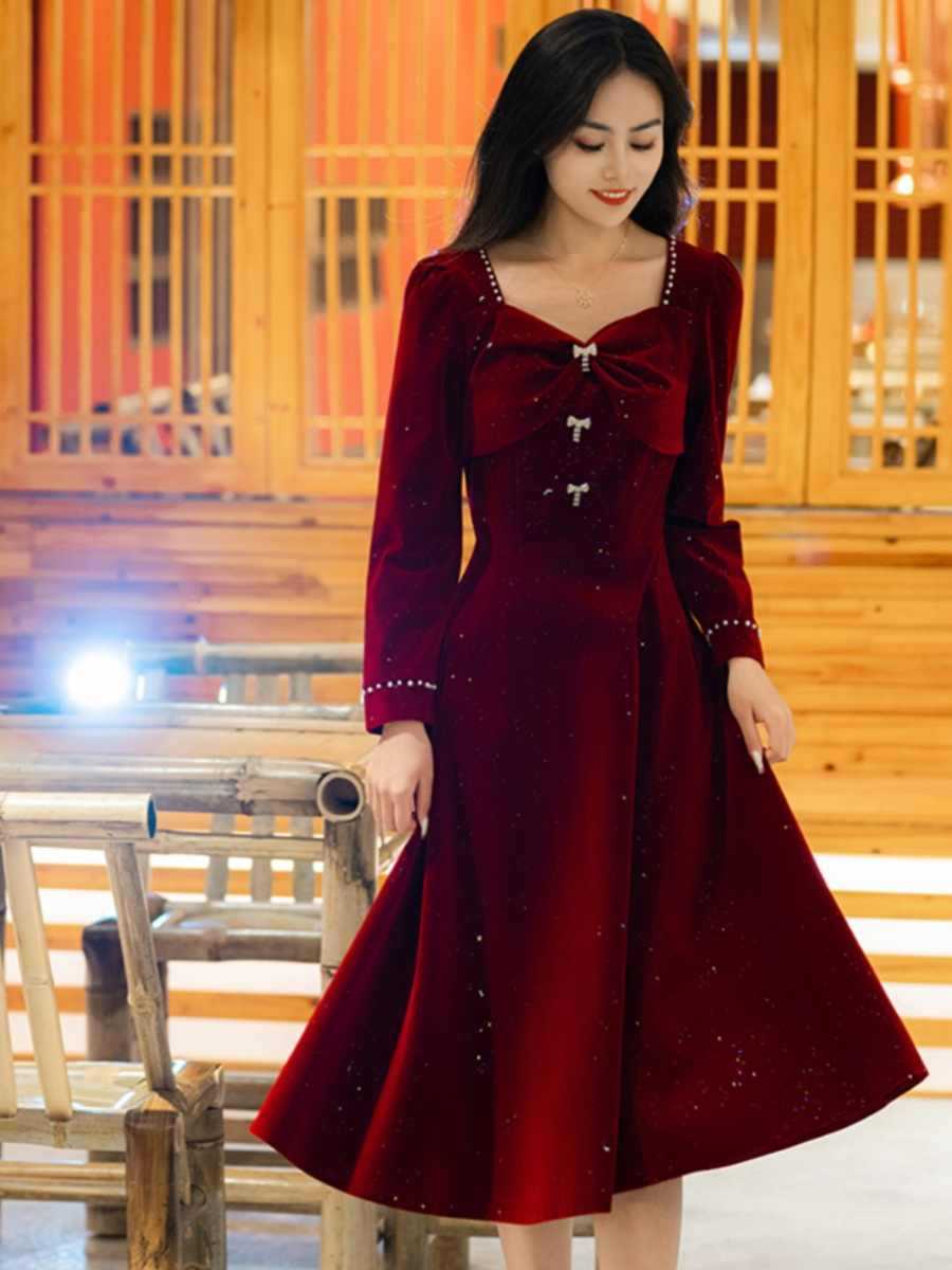 Toast Dress Bride Wine Red Spring and Autumn Wine Red Wedding Back-to-Door Dress Small Size Dress Daily Style