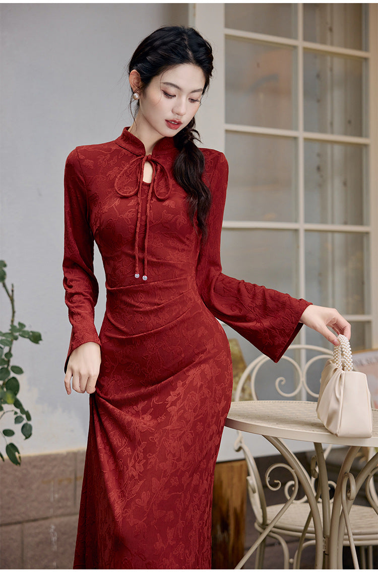 New Chinese Style Women's Long Sleeve Wine Red Dark Pattern Improved Engagement Cheongsam Family Visiting Shoes Toast Dress Wedding Dress