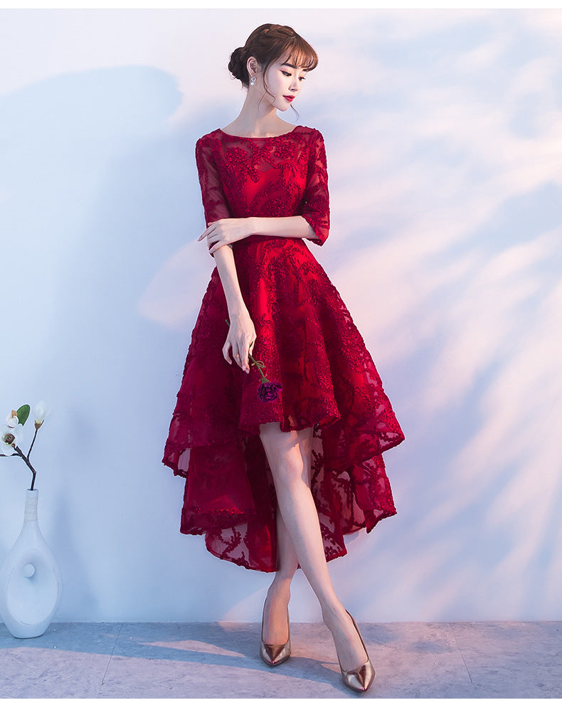 Toast Dress Bridal Elegant Lace Evening Dress Women's Banquet Wine Red Engagement Waist Front Short Back Long Dress