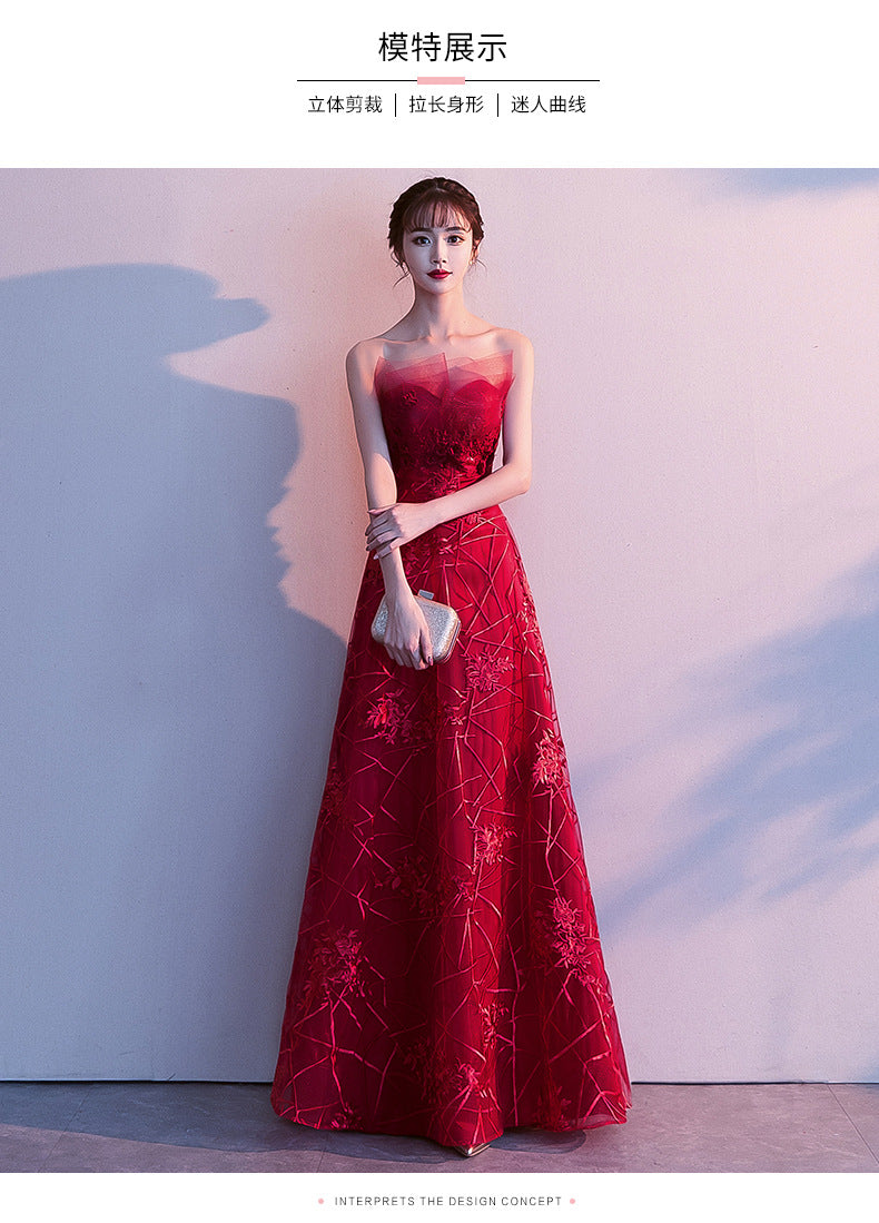 Toast Dress Bride 2024 New Autumn Winter Sexy Strapless Long Type Slimming Wedding Appreciation Dinner Red Evening Dress for Women