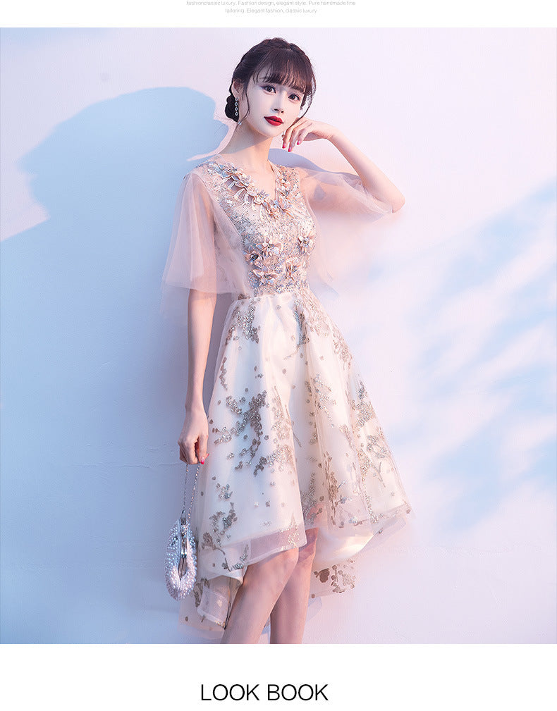Evening Dress for Women Banquet Temperament Fairy Light Luxury Minority High-End Host Short Front Short Back Length Dress