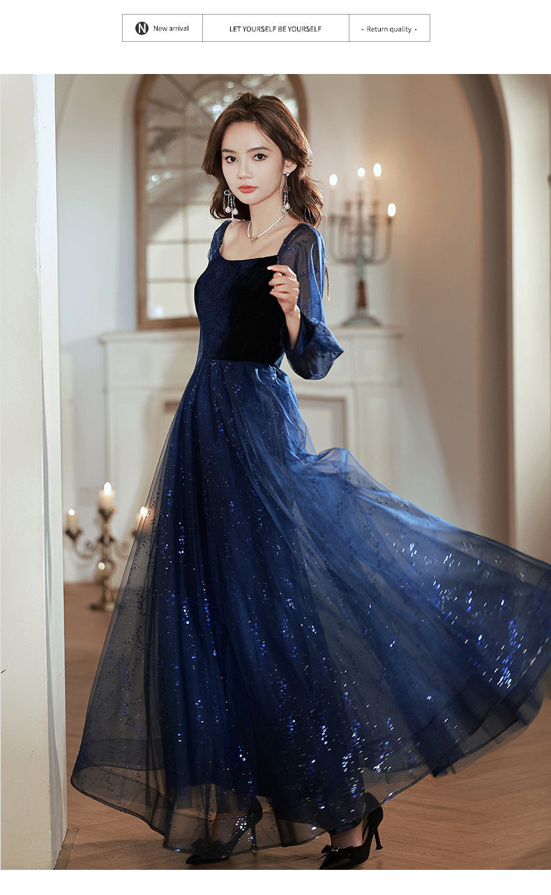 Women's Long-Sleeved Evening Dress for Banquet, High Sense High-End Affordable Luxury Niche Blue Sequined Conductor Chorus Solo Performance Costume