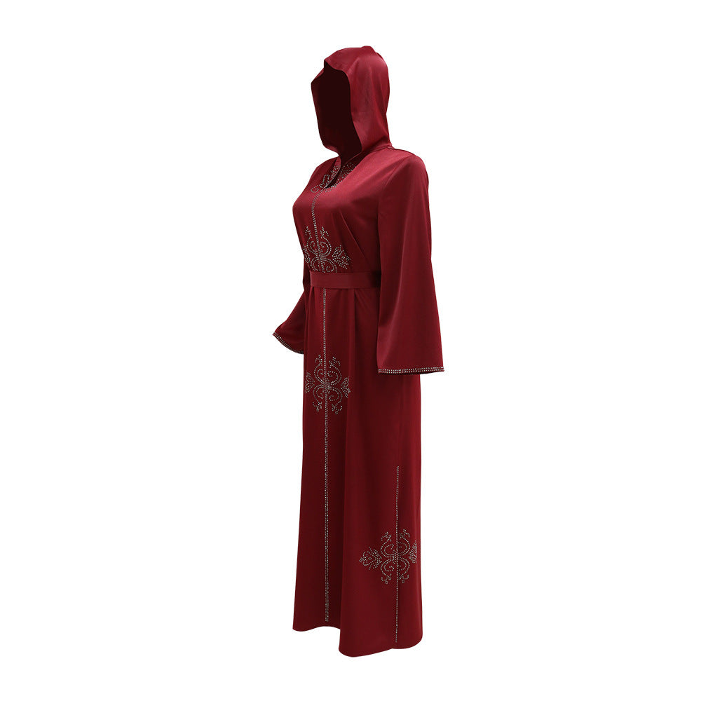 Xqy500157 Middle East Abaya Ethnic Style Dress Hooded Robe Fashion Diamond-Embedded Slits Lower Hem Dress