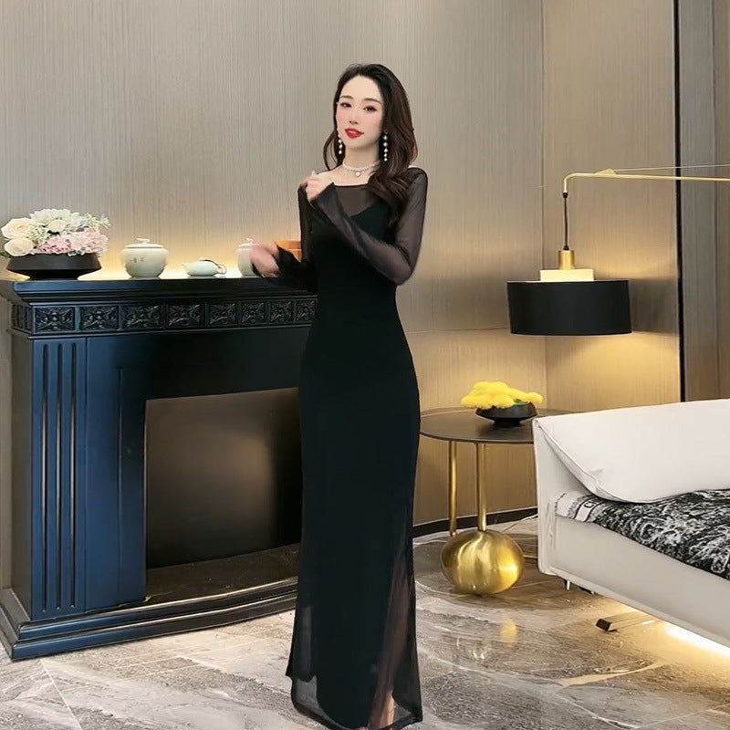 Sexy Slim Hip Mesh Black Dress French Retro Hepburn Style High-End Sense Temperament Long Sleeve Base Dress
