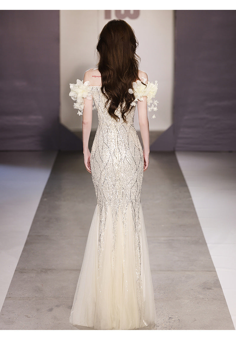 Fishtail Evening Dress 2024 off-Shoulder High-End Affordable Luxury Niche High-End Host Sequined Annual Meeting Dinner Flash