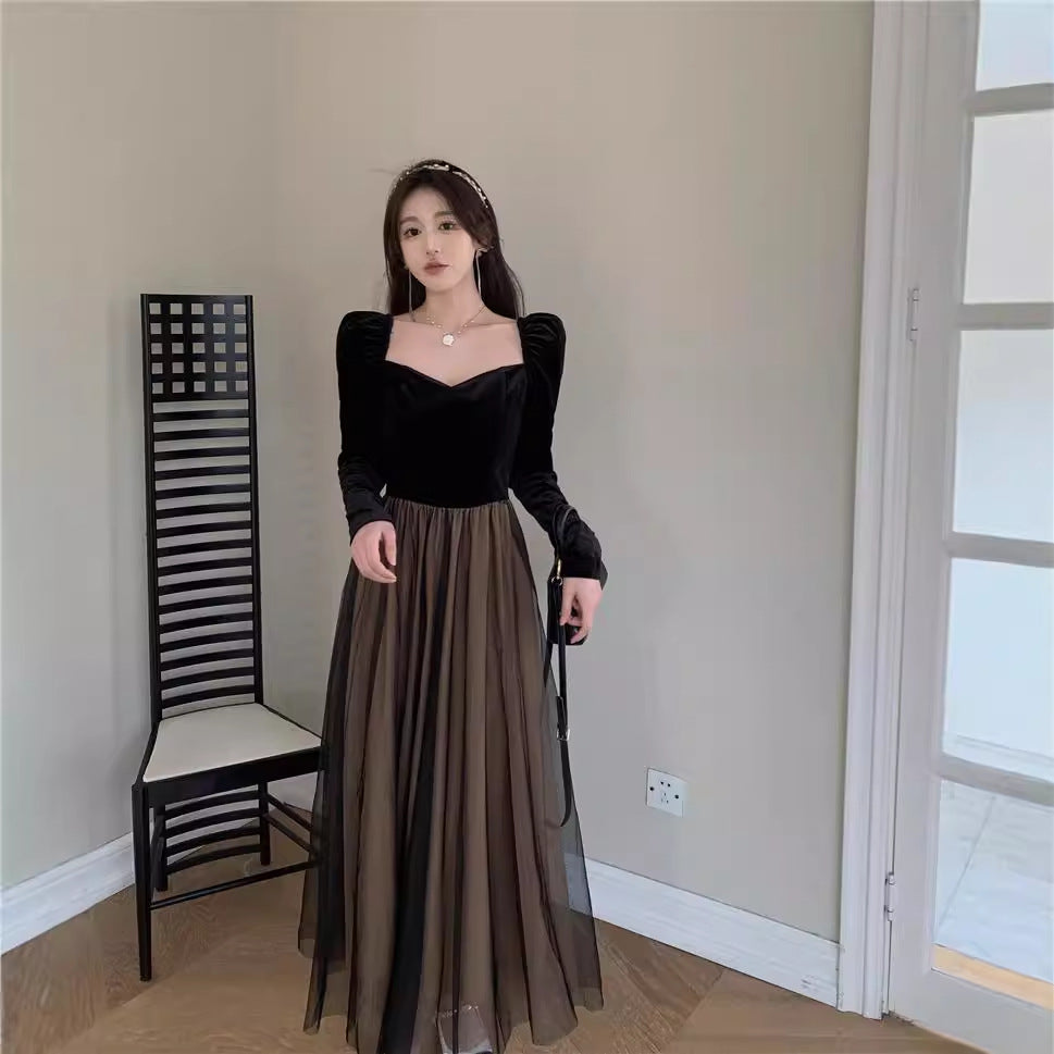 Black Vintage Velvet Dress Women's Autumn and Winter French Temperament Socialite Slim Fit Cinched Mesh Dress Long Skirt