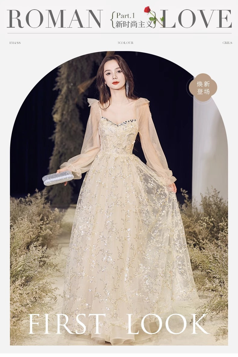 Banquet evening dress high-grade Champagne temperament host fairy dinner Annual Meeting dress long sleeve autumn women