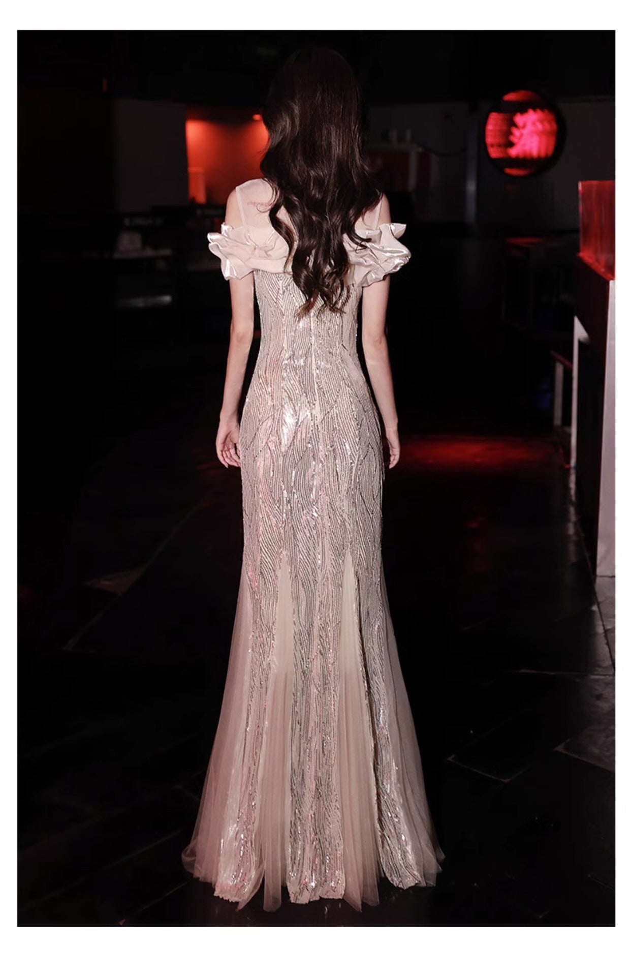 Fishtail Evening Dress 2024 New Sequined off-Shoulder Light Luxury Minority Host Banquet Heavy Work Waist-Tight Evening Dress