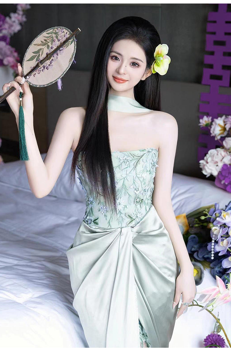 New Chinese Style Morning Gowns Women's 2024 New High-Grade Tube Top Bride Engagement Dress Chinese Style Wedding Toast Dress