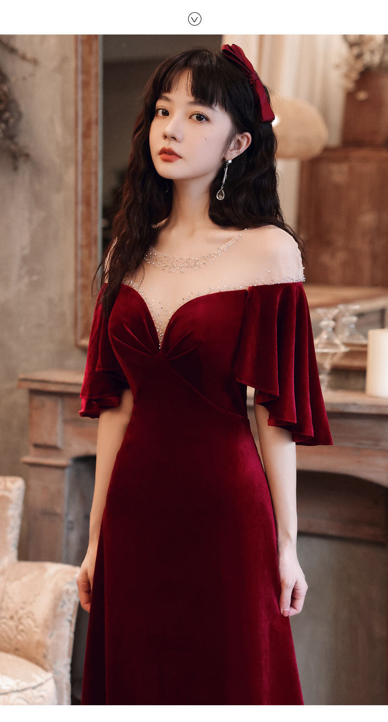 Toast Dress Bride 2024 New Autumn Wine Red V-neck Banquet Evening Dress Elegant Figure Flattering Wedding Toast Dress