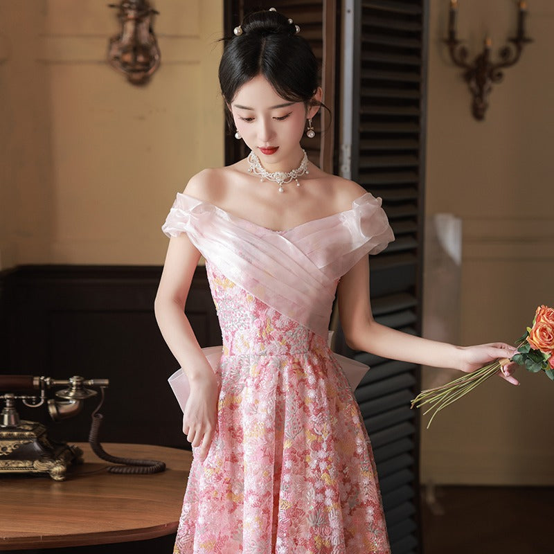 off-Shoulder Slimming Peach Blossom Pink Evening Dress High-End Affordable Luxury Niche Art Exam Solo Dress Engagement License Dress