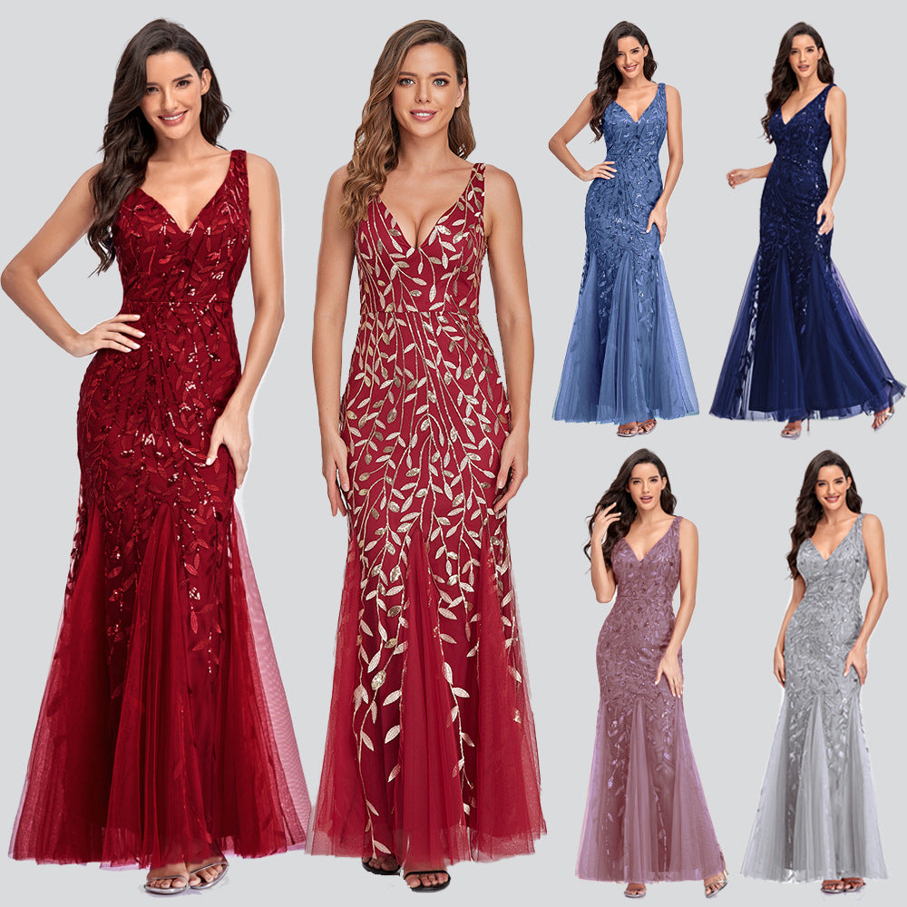 New 2023 Dress Sexy Dress Sleeveless V-neck Embroidery Sequin Slim Fishtail Bridesmaid Evening Dress for Women