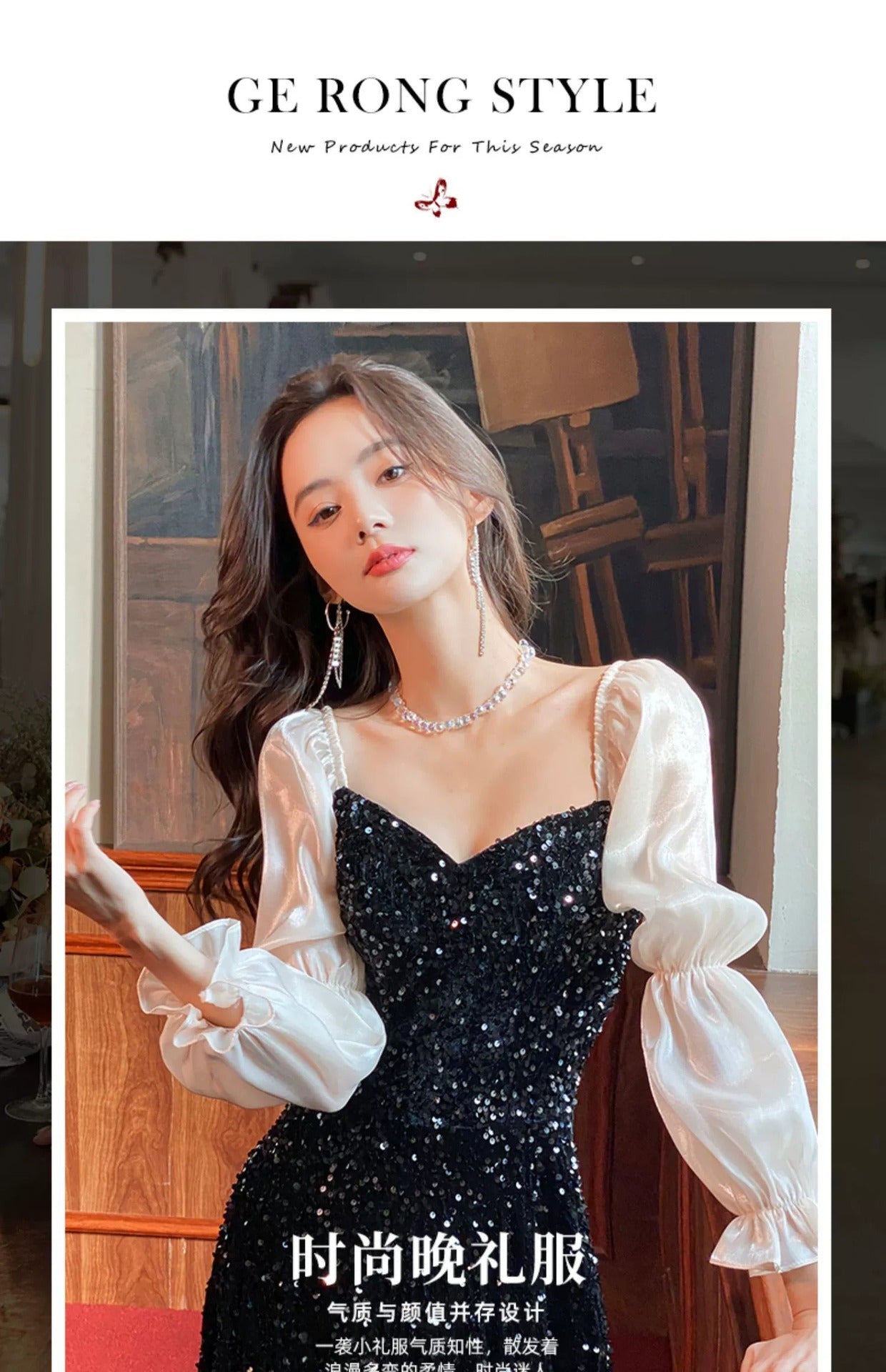 Black Annual Party Dress Female 2024 New High-End Temperament Host Adult Ceremony High-Grade Long Sleeve Noble