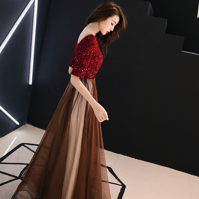 Summer Evening Dress for Women Banquet Temperament Annual Meeting Long Style 2024 New Modern Socialite Host Wine Red Autumn