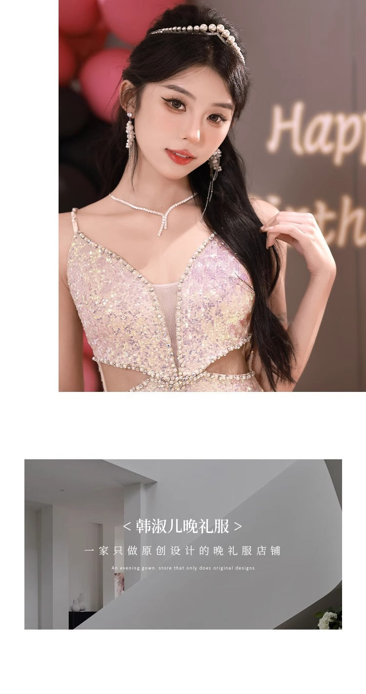 High-End Custom Evening Dress for Women Light Luxury High-End Temperament Socialite Autumn and Winter Sequined Toast Dress for Bride High-End