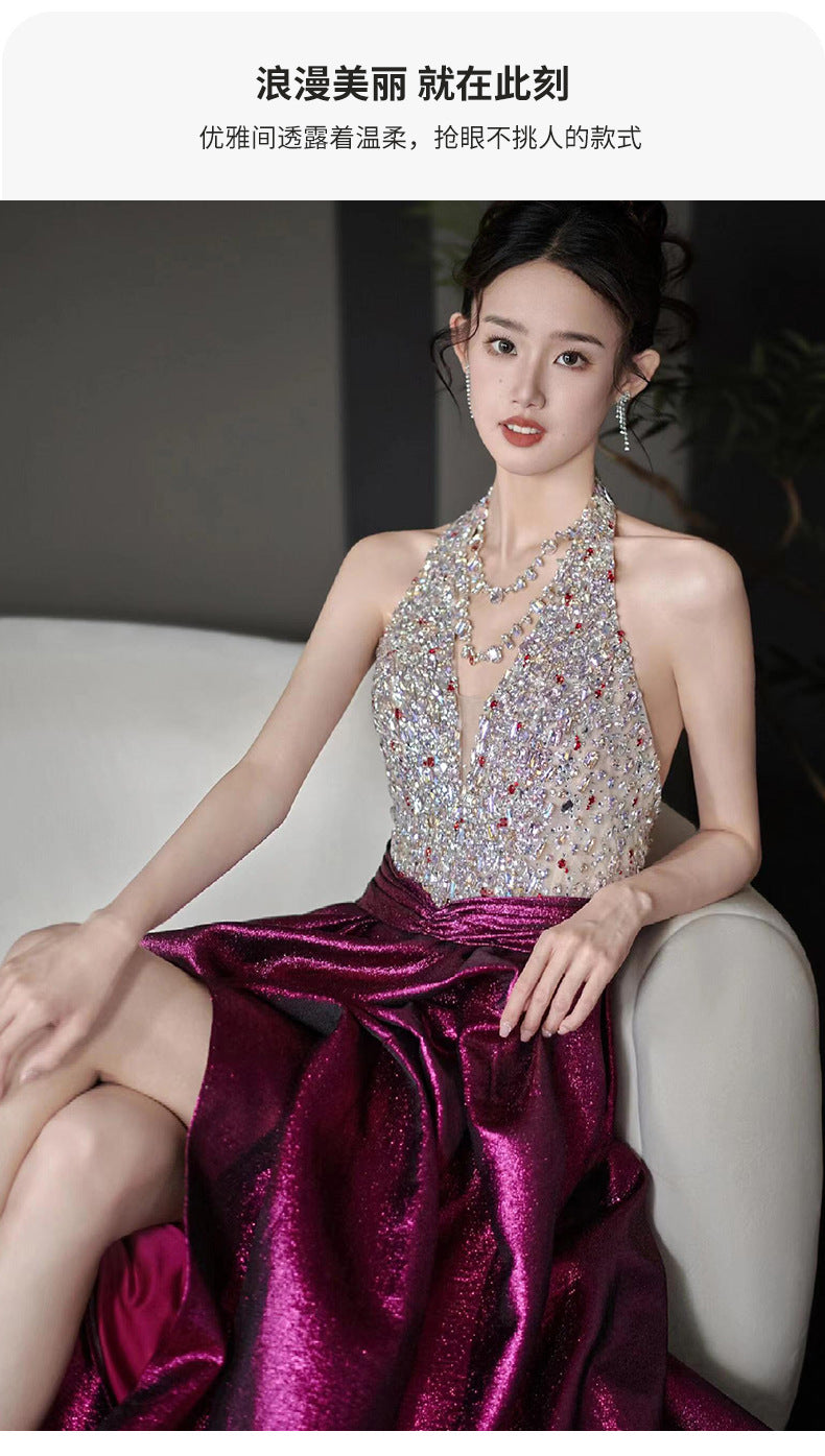 Halter Evening Dress 2024 New High Sense Heavy Industry Beads Banquet Temperament Host Bride Engagement Toast Clothing