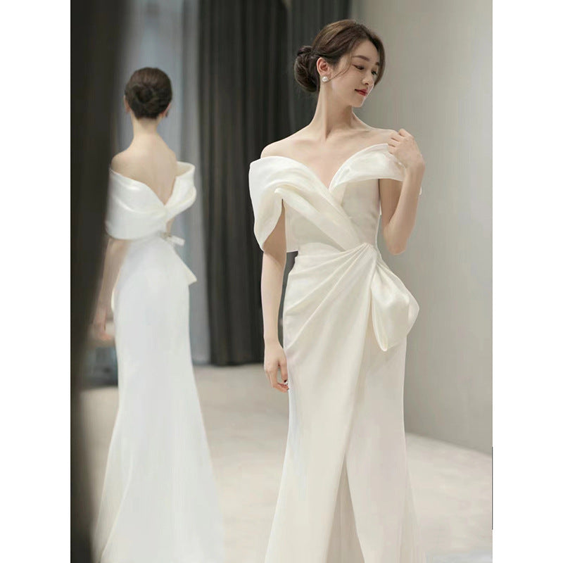 off-Shoulder White French Suit 2024 New Winter Light Luxury Minority High-End Engagement Fishtail High-End Evening Dress