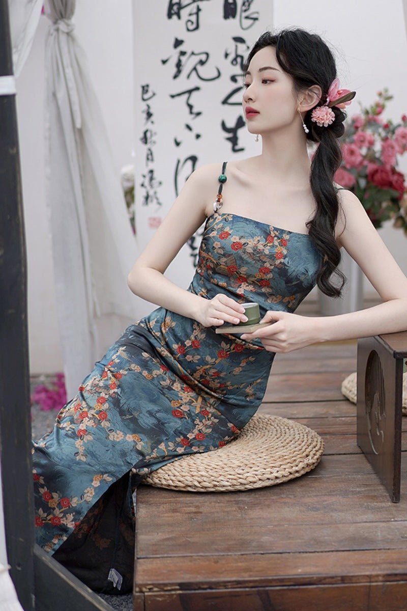 2024 Summer New High Sense Slim-Fit Figure Flattering Long Dress Retro Color Printing Sleeveless Split Dress National Style