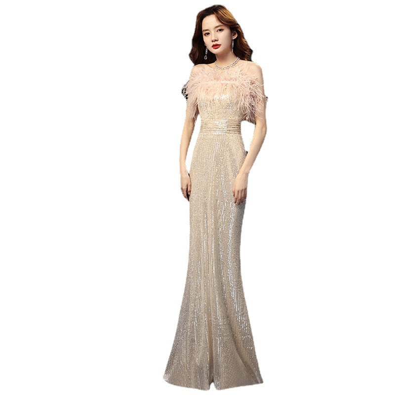 Banquet Dress for Women 2024 New Elegant Sequins Long Ladies Dress for Host Annual Meeting Fishtail Evening Dress