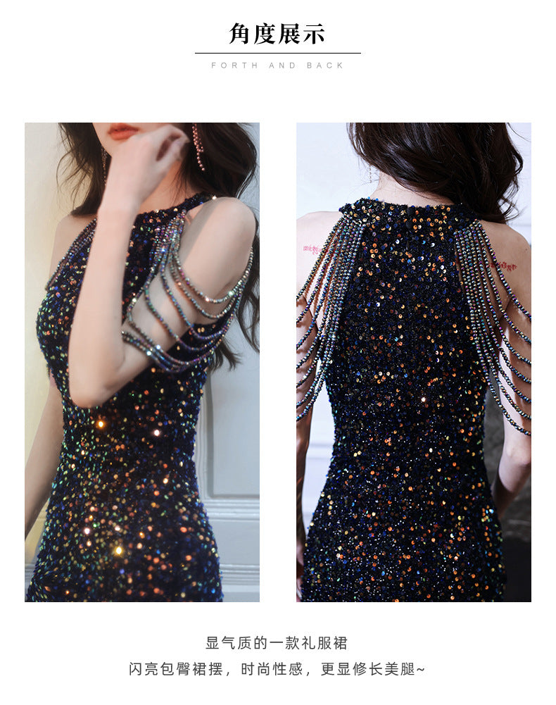 Black Evening Party Dress Sequined New Banquet Short-Length Halter Fishtail Socialite Gathering Temperament Host Jumpsuit Skirt