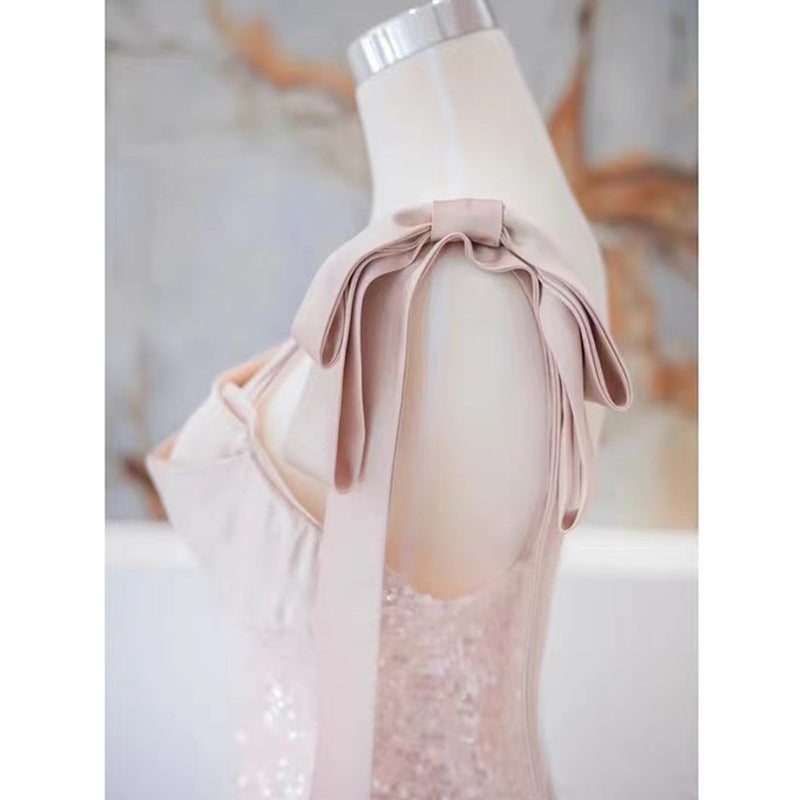 Pink Evening Dress Women's Sequined Mopping Sleeveless Niche Banquet Temperament Socialite Host Annual Party Evening Dress