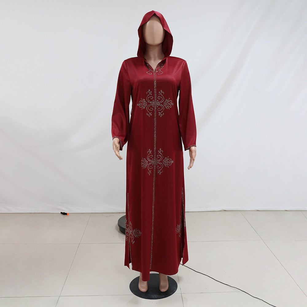 Xqy500157 Middle East Abaya Ethnic Style Dress Hooded Robe Fashion Diamond-Embedded Slits Lower Hem Dress