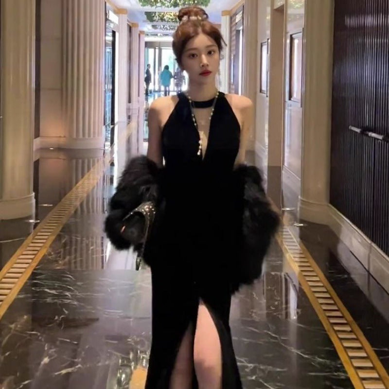 Evening Dress Light Luxury Minority High-End Temperament Socialite Hepburn Wind Black Pure Desire Split Sexy Halter Dress