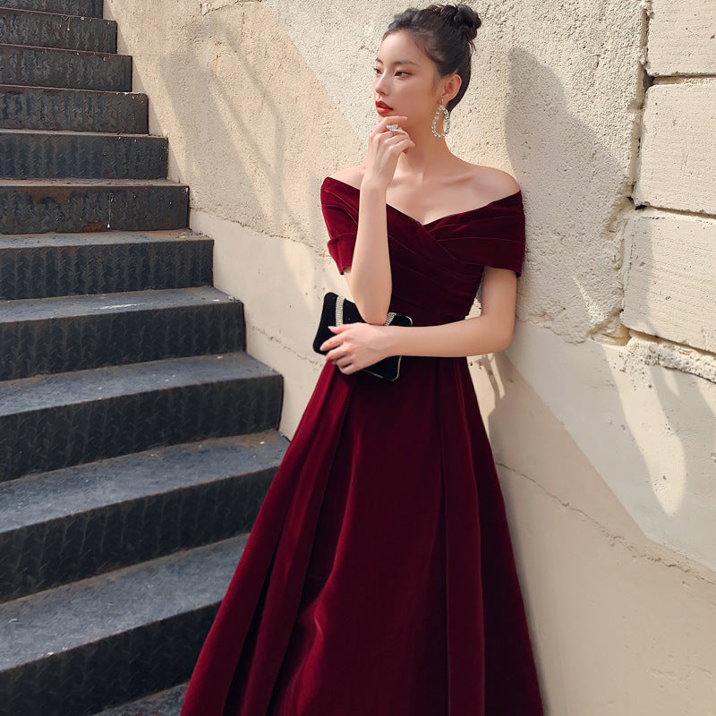 Bridal Toast Clothing Velvet 2024 New High-Grade off-Shoulder Banquet Temperament Engagement License Host Evening Dress