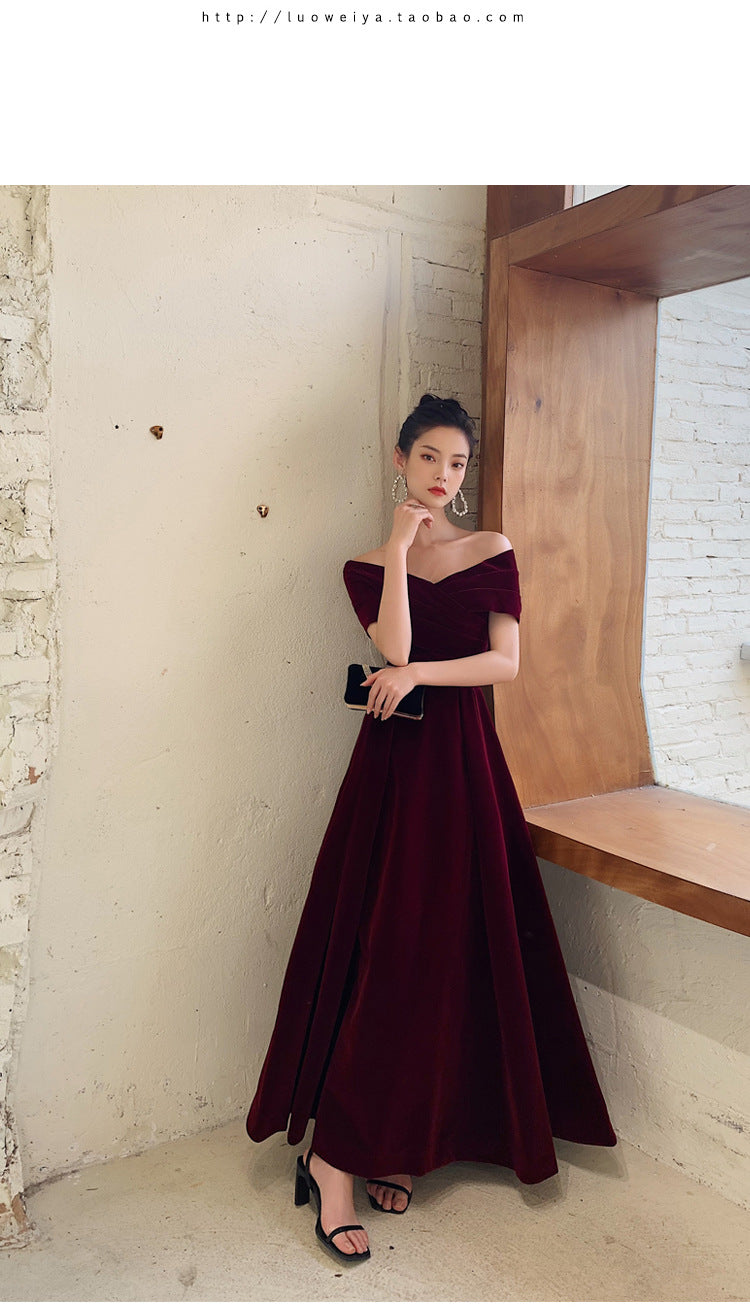 Bridal Toast Clothing Velvet 2024 New High-Grade off-Shoulder Banquet Temperament Engagement License Host Evening Dress