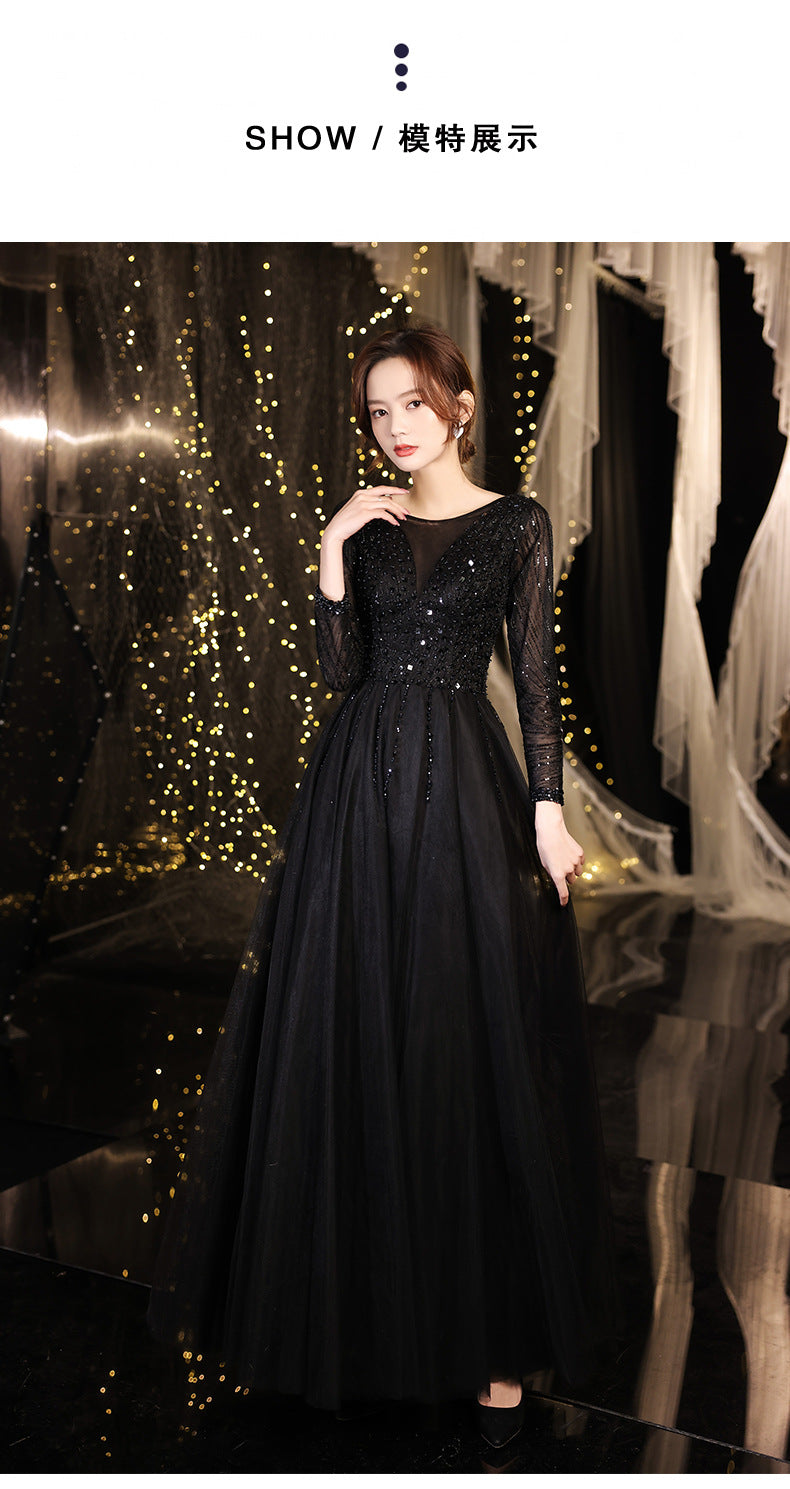 Black Evening Dress Female 2024 Autumn New Master Host Art Exam Dress Choral Performance Long Dress