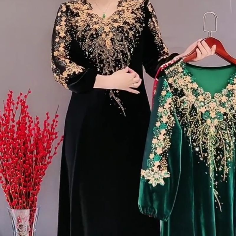 Muslimah Dress Green Black Long sleeve Gown H93332