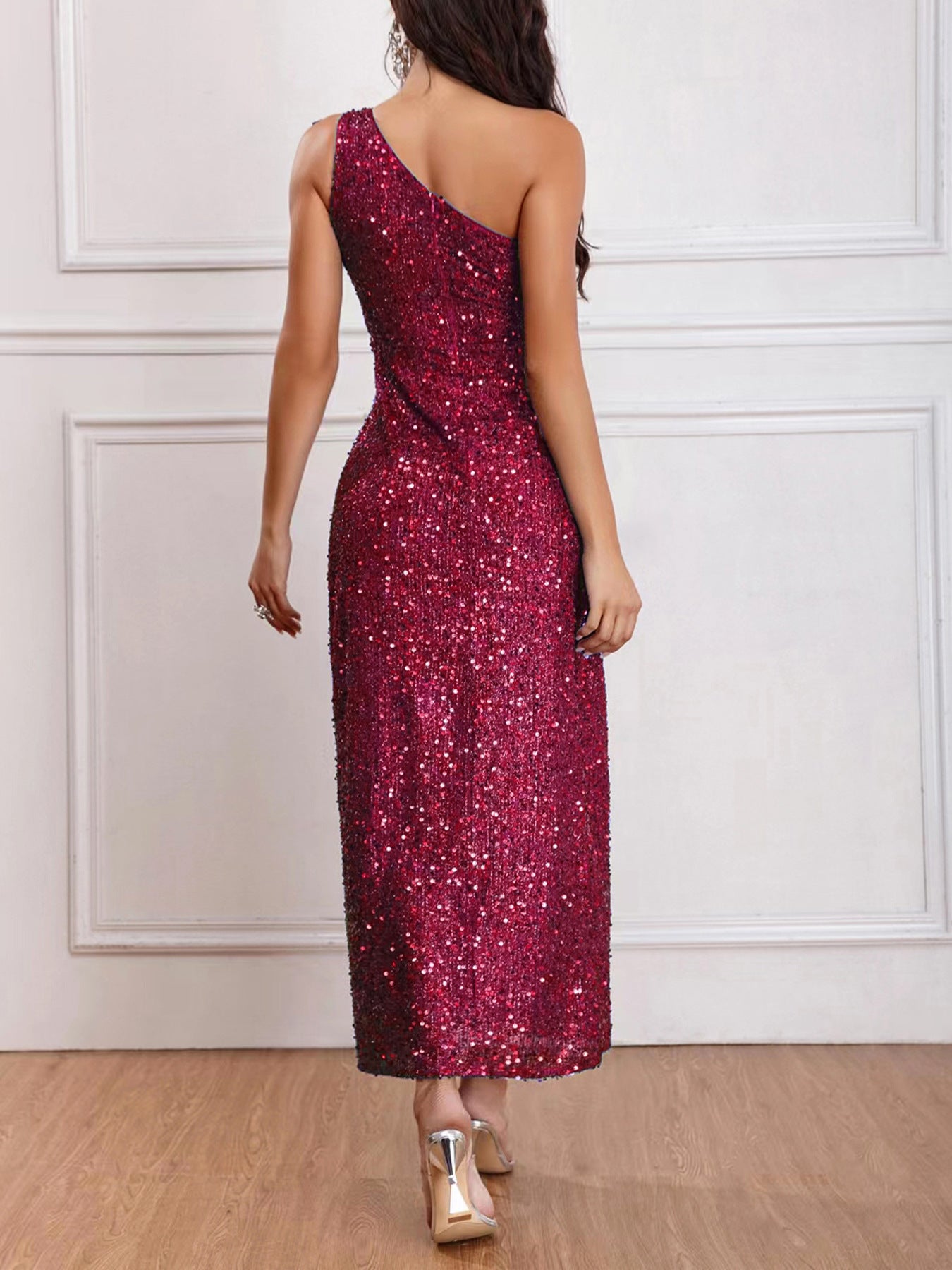 European and American Style New Women's Clothing 2024 Spring Fashionable Sequins Shoulder Sleeveless Split Dress Solid Color Foreign Trade Wholesale