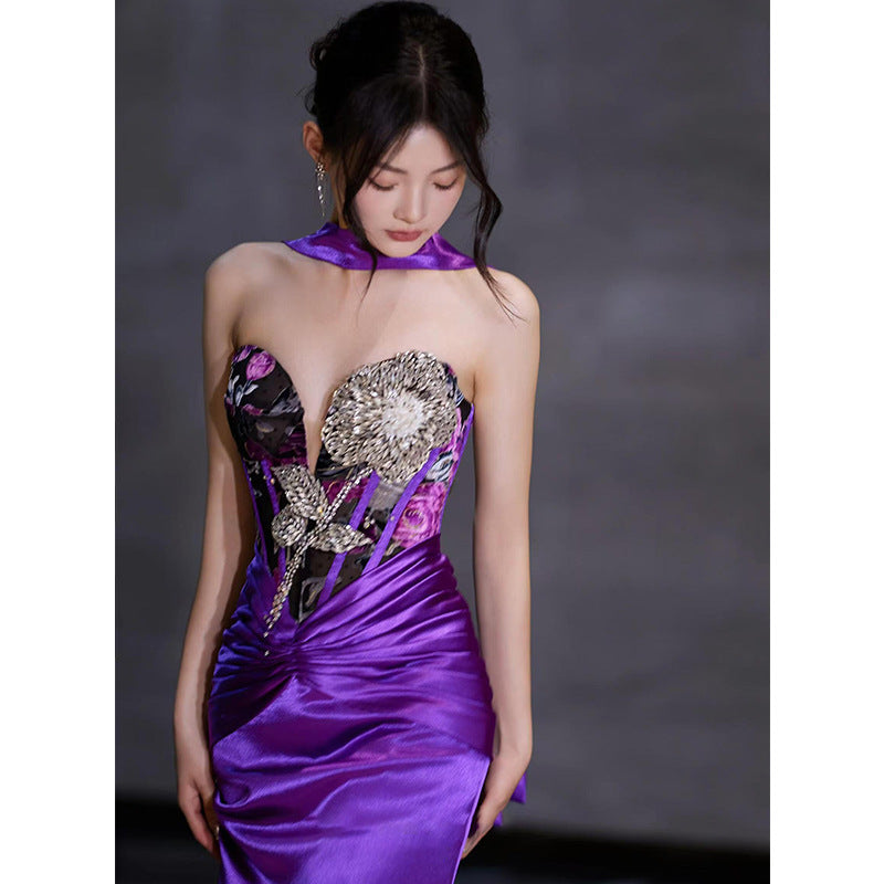 New Chinese Style Morning Gowns Women's 2024 New Design Sense Niche Bride Engagement Skirt Small Size in Purple Trailing Tube Top Toast Clothing