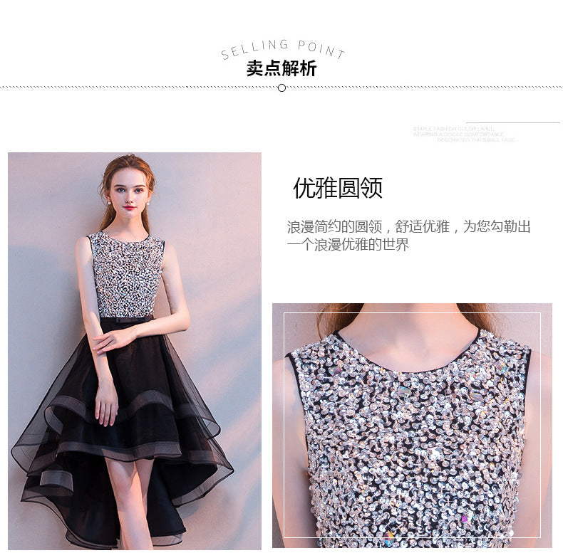 Black Evening Dress Women's New Banquet Noble Performance Front Short Back Long Host round Neck Sequins Small Dress Stage