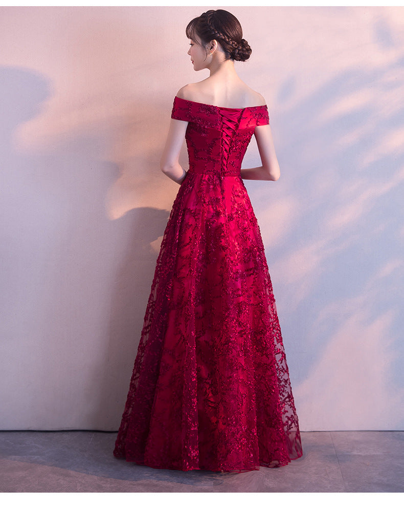 2024 New Summer Red Lace Off-Shoulder Long Slimming Wedding Evening Dress for Bride