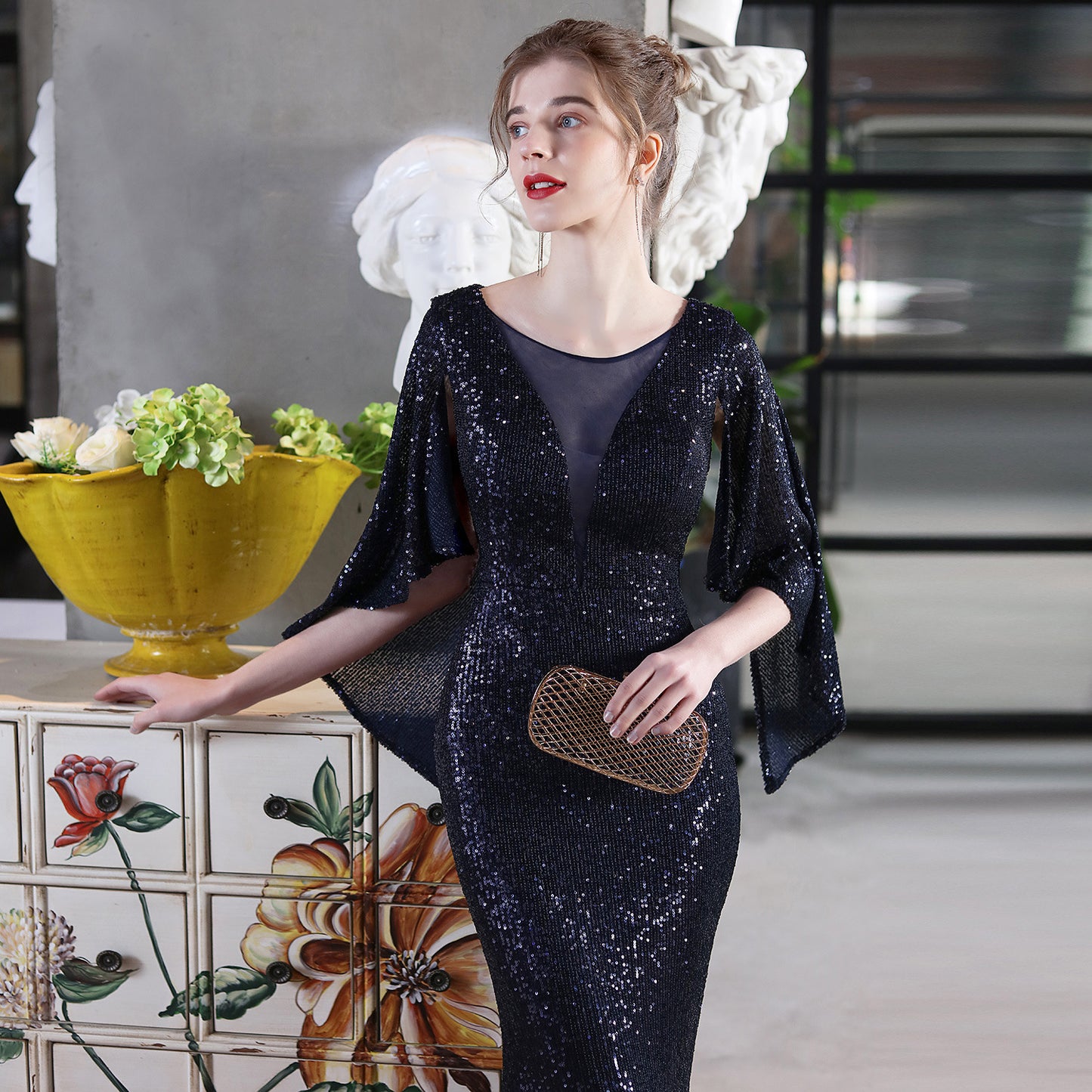 18631# Angel Wings Sequined Fishtail Banquet Elegant Graceful Annual Meeting Host Car Model Party Dress Female Summer