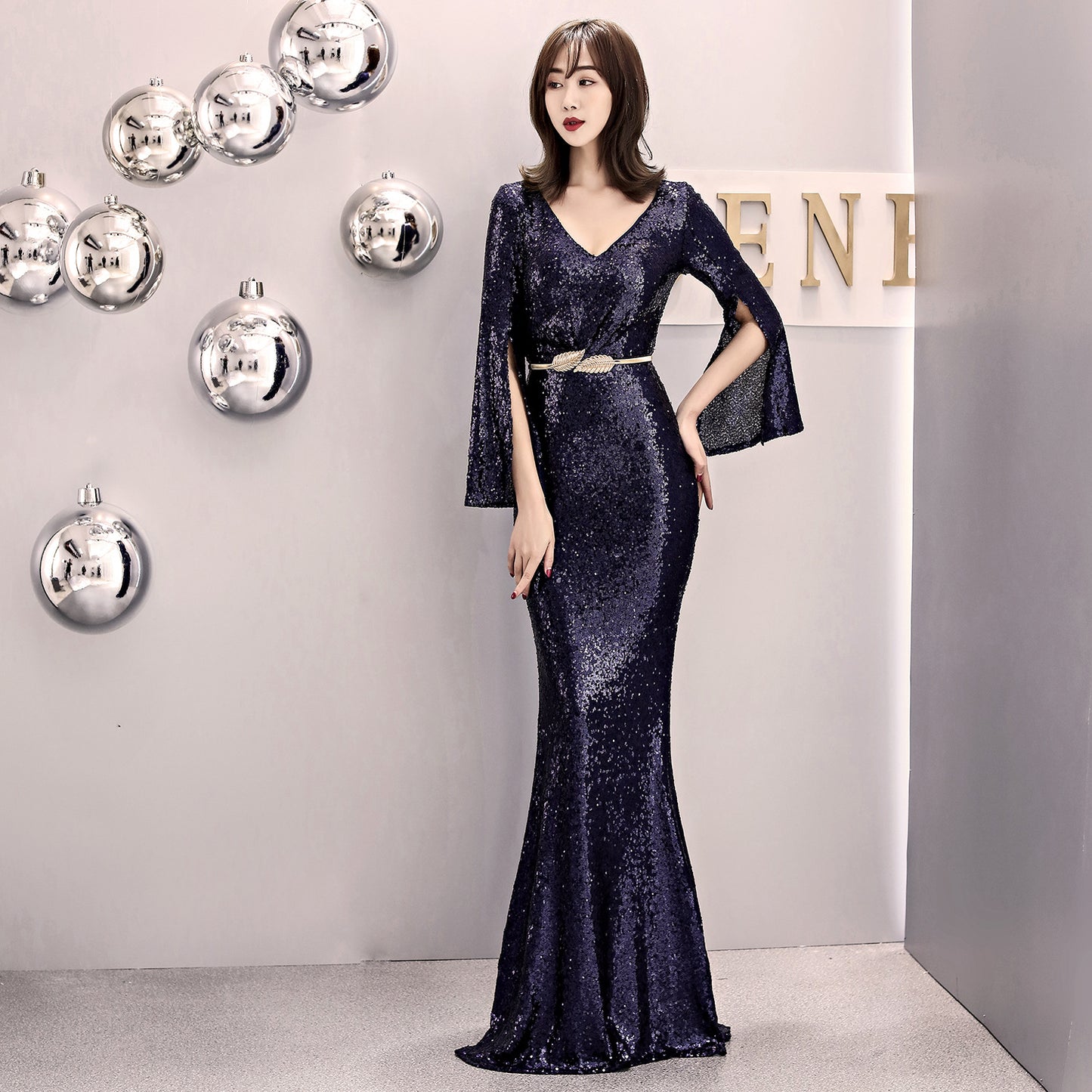 1572# Evening Gown Women's Banquet Elegant Host Sexy Slim-Fit Sequined Long Fish Tail Winter