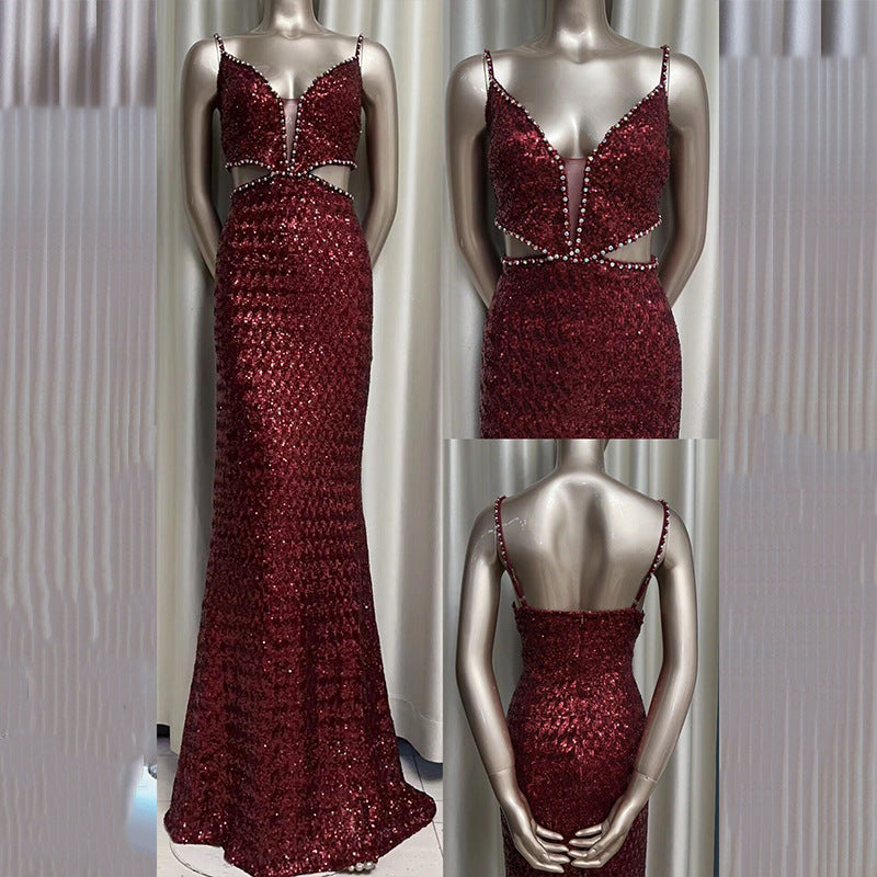 High-End Custom Evening Dress for Women Light Luxury High-End Temperament Socialite Autumn and Winter Sequined Toast Dress for Bride High-End