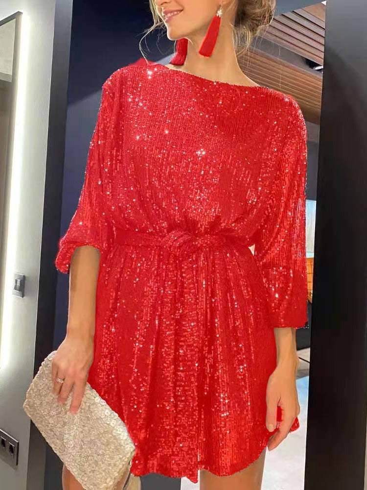 European and American Independent Station round Neck Tied Festival Party Bling Beaded Dress Elegant Sequin Formal Dress