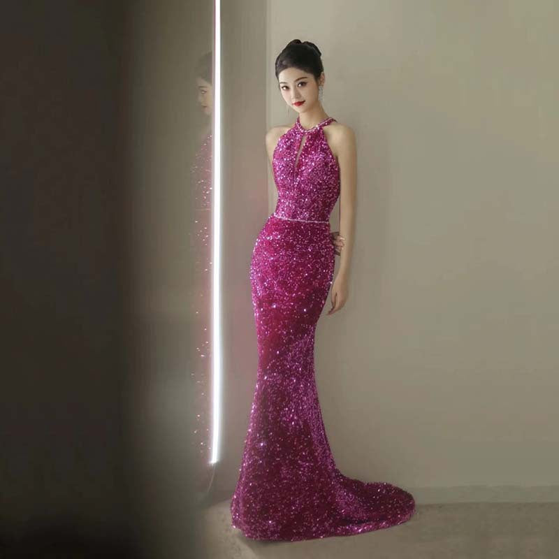 Dragon Fruit Dinner Dress 2024 New Sequined Fishtail Bridal Wedding Toast Backless Party Evening Dress