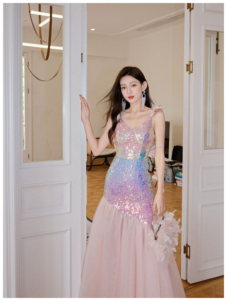 Evening Dress Sequin Long Dresses Camisole Luxury Minority High-End Dress Party Party Sequined Slim Fishtail Host H89802