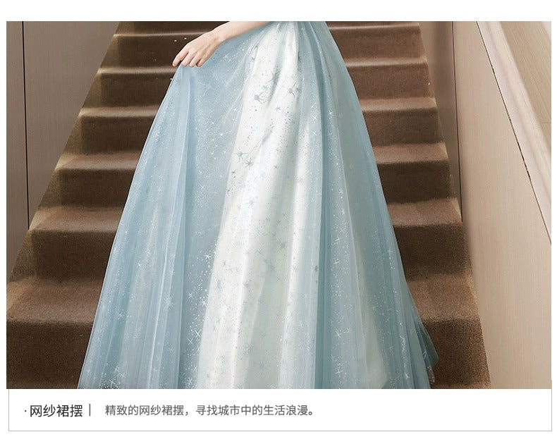 Blue Evening Dress Women's High-Grade Fairy Temperament Ladies Banquet Light Luxury Minority Princess Adult Ceremony Host Performance