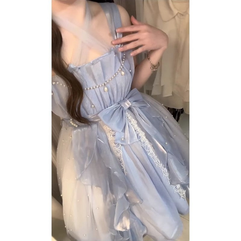 French First Love Sweet Dress Lolita Princess Birthday Little Dress Ruffled Spaghetti Straps Dress High Sense
