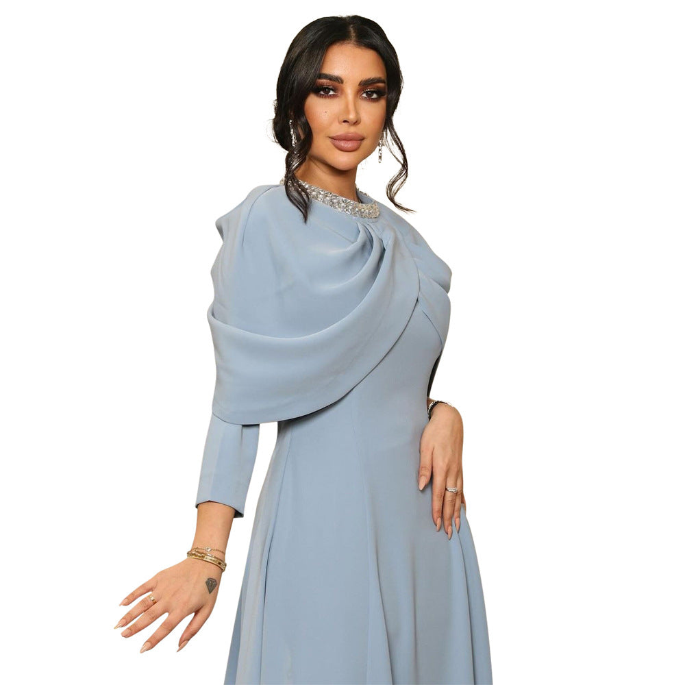 Xqy500321 Middle East Cross-Border Muslim Robe Abaya Fashion Neckline Inserted Beads Rhinestone Strip Shawl Collar Dress