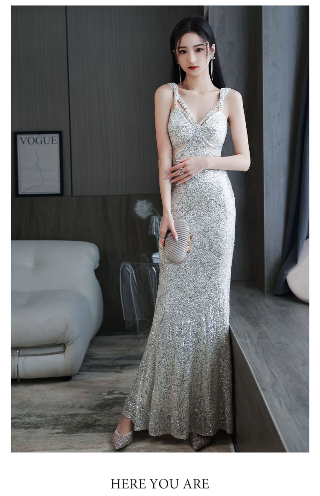 Silver Suspender Evening Dress Bridesmaid Dress Toast Dress V-neck Slimming Dress Banquet Sheath Dress Long Dress