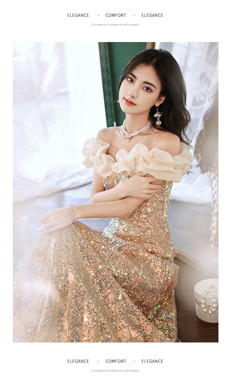 off-Shoulder Sequined Evening Dress for Women 2024 New Host Annual Meeting Bel Canto Solo Vocal Music Art Test Champagne Gold