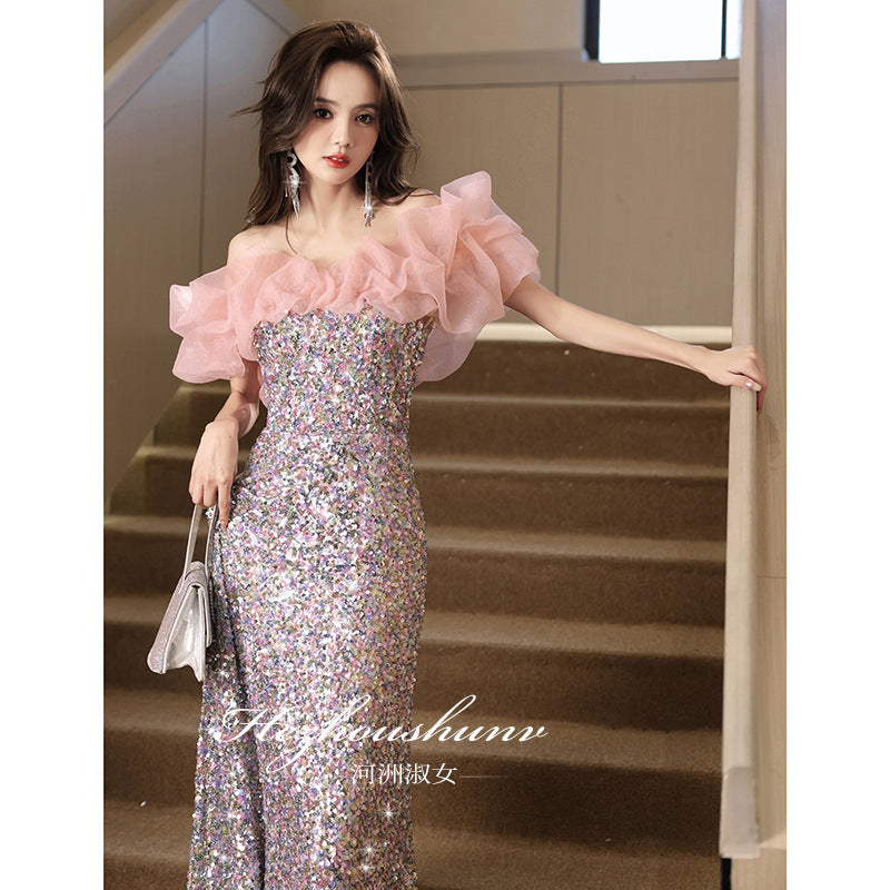 Party Dress Gala Ball Gown Shining Sequin Bride Pink Art Lace Off Shoulder Evening Dress H8923